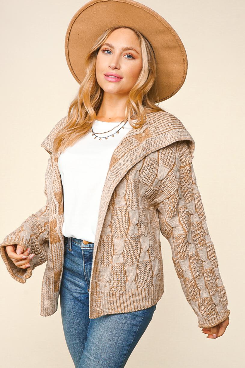 Two Tone Cable Knit Open Front Cardigan