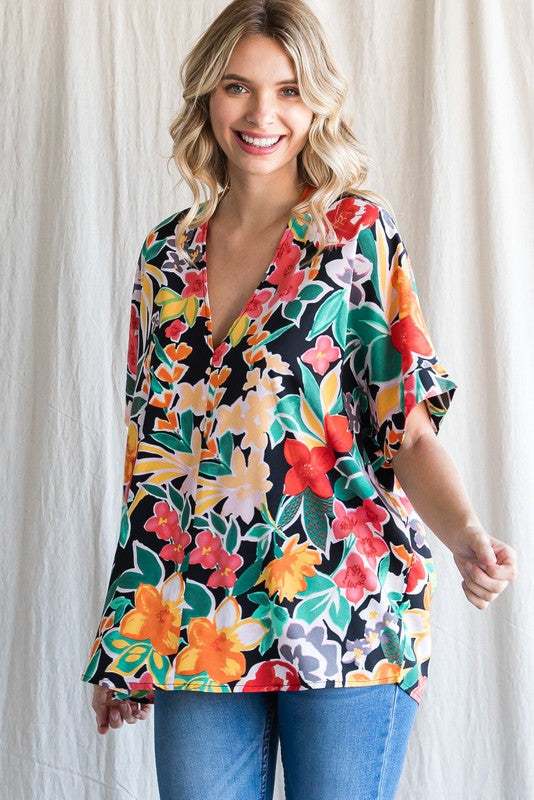 Floral Print Short Sleeve V-Neck Top