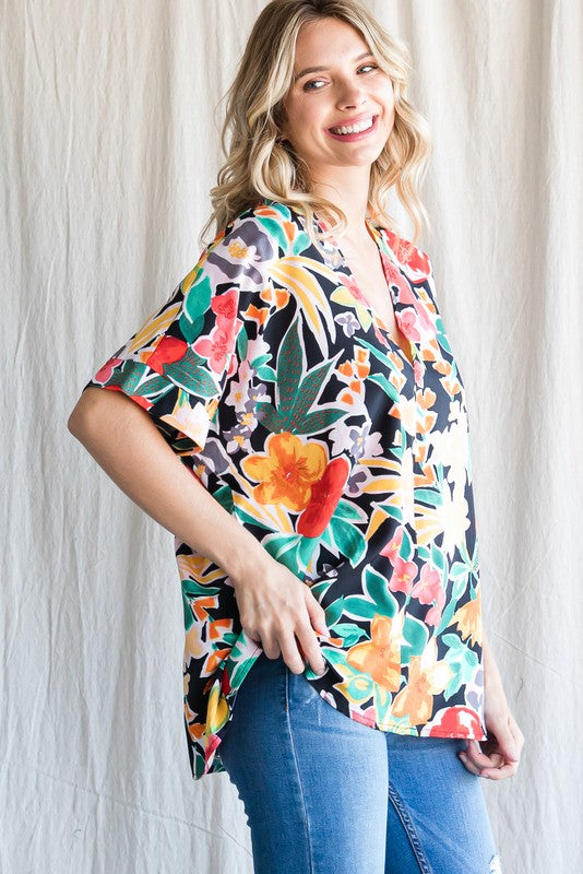 Floral Print Short Sleeve V-Neck Top