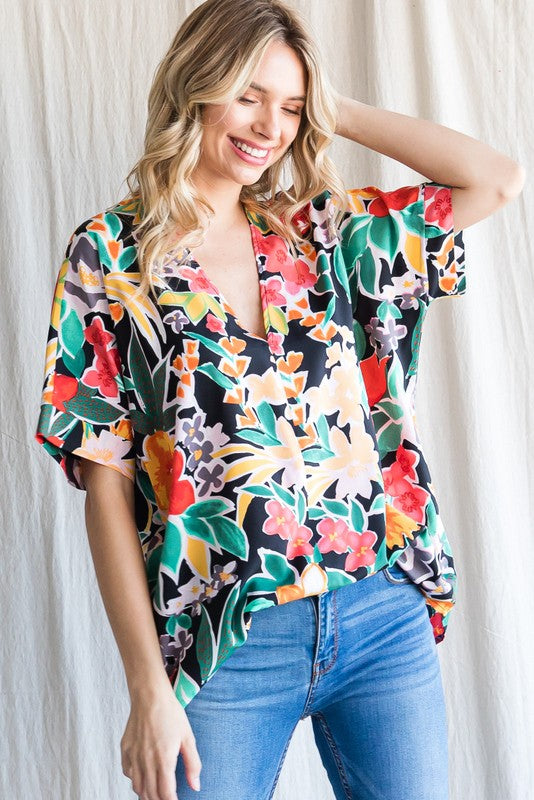 Floral Print Short Sleeve V-Neck Top