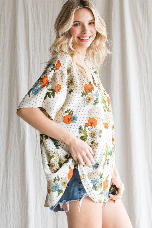 Mixed Print Oversized Pocket Top