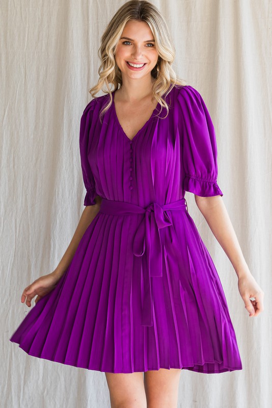 Pleated Button Dress With Tie Waist