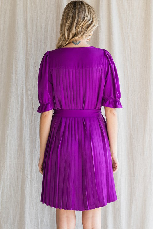 Pleated Button Dress With Tie Waist