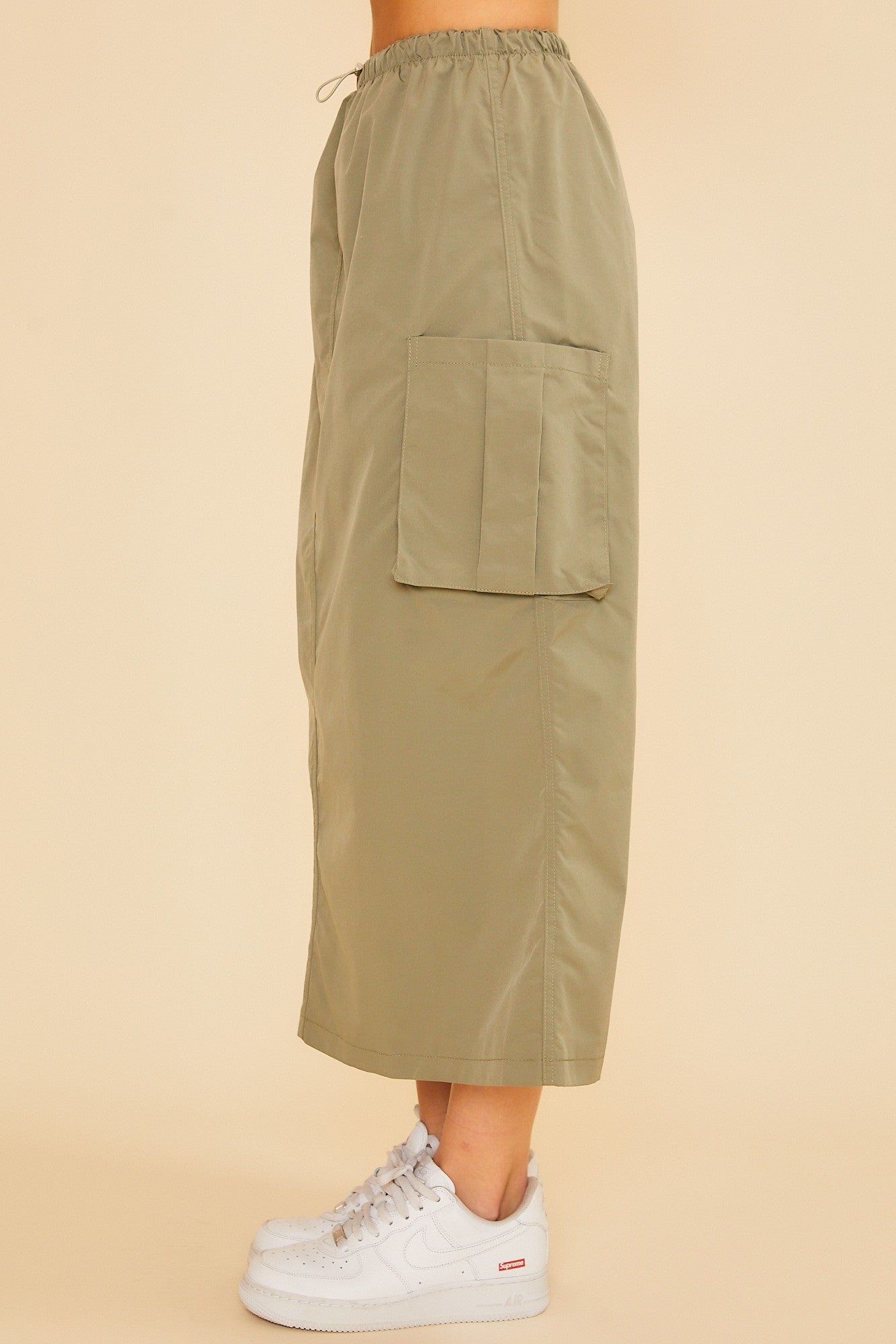 Drawstring Waist Cargo Maxi Skirt