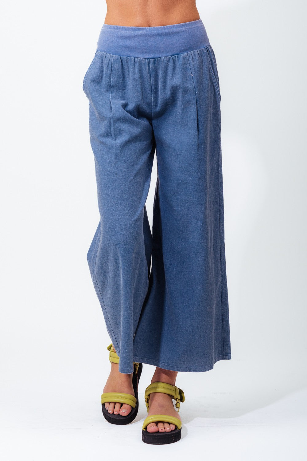 Woven Contrast Knit Waist Wide Leg Pants