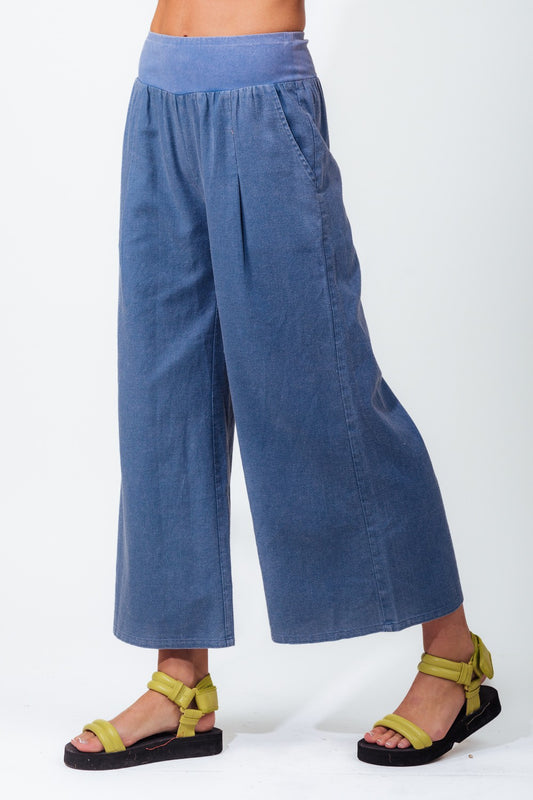 Woven Contrast Knit Waist Wide Leg Pants