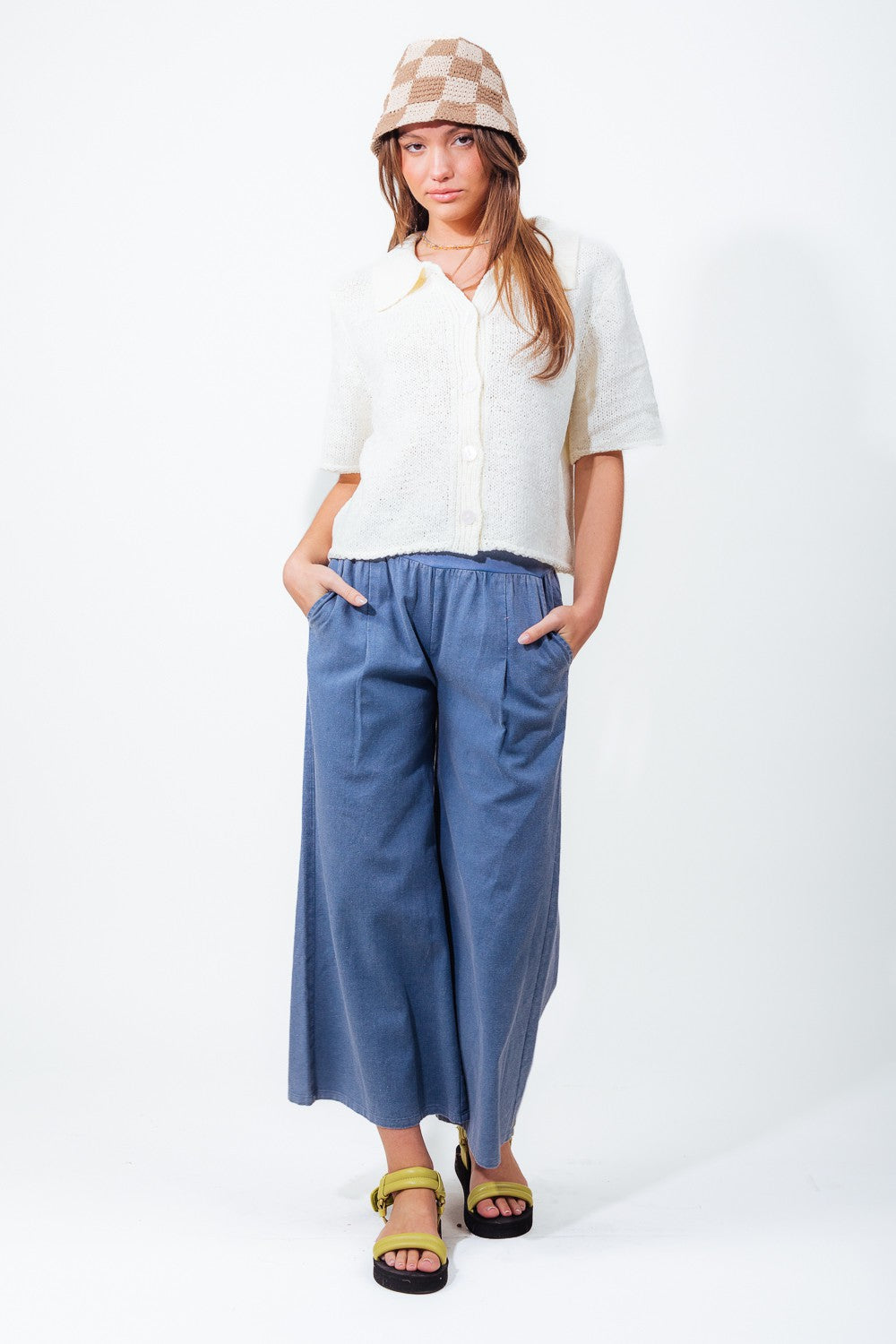 Woven Contrast Knit Waist Wide Leg Pants