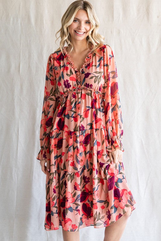 Tiered Floral Long Sleeve Dress