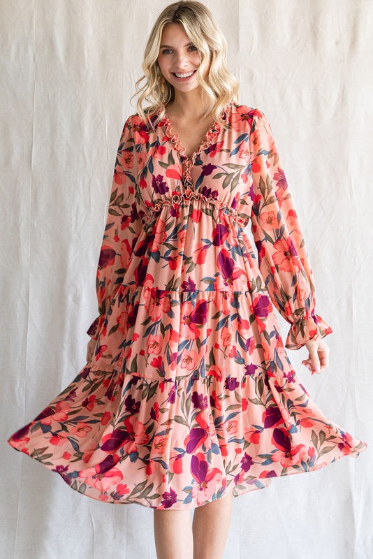 Tiered Floral Long Sleeve Dress