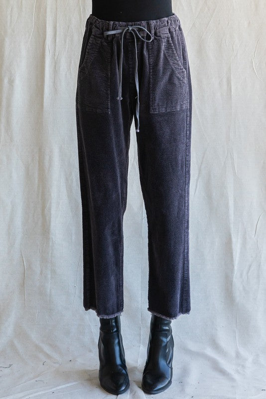 Corduroy Drawstring Waist Raw Hem Pants