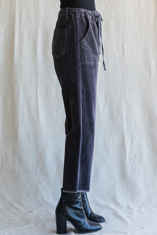 Corduroy Drawstring Waist Raw Hem Pants