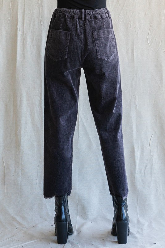 Corduroy Drawstring Waist Raw Hem Pants