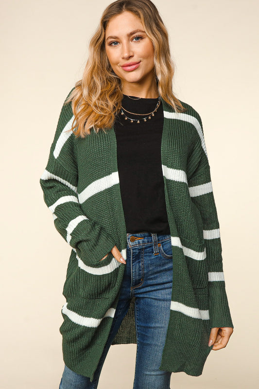 Long Striped Sweater Cardigan in Green