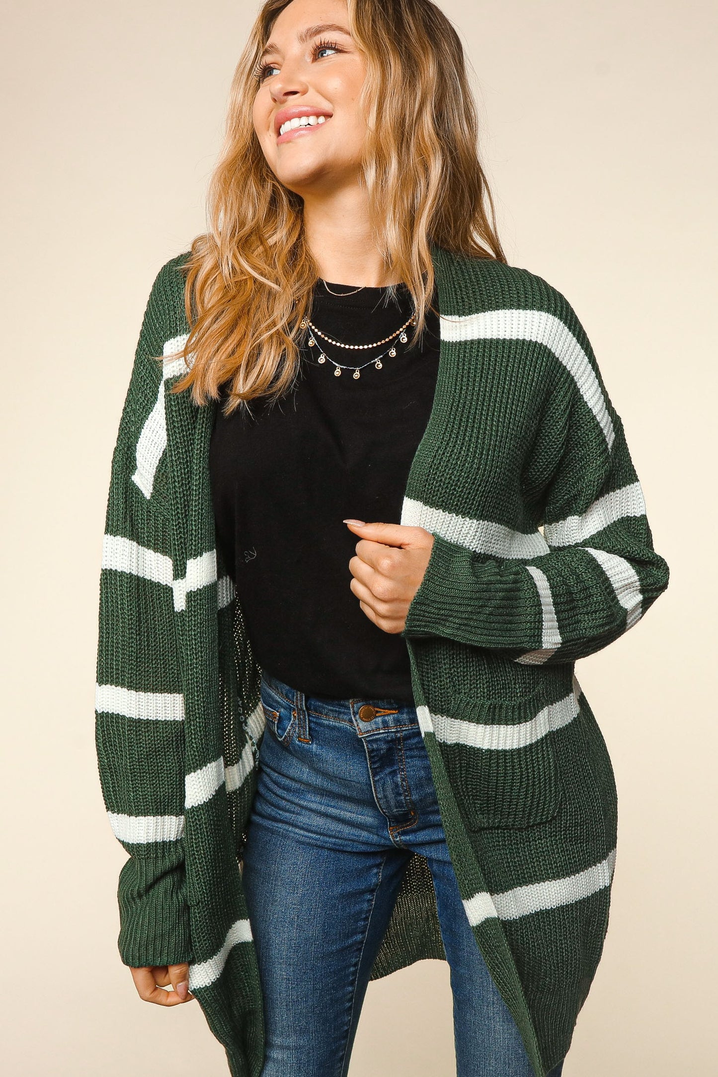 Long Striped Sweater Cardigan in Green