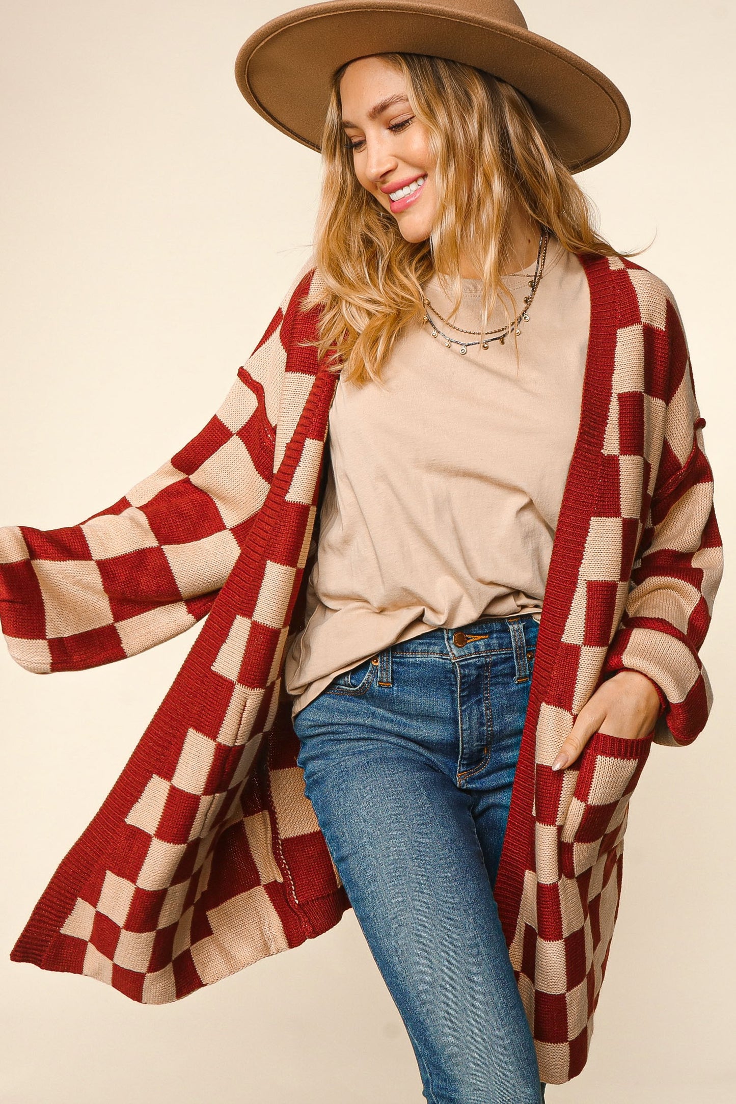 Oversized Checkered Cardigan With Pockets