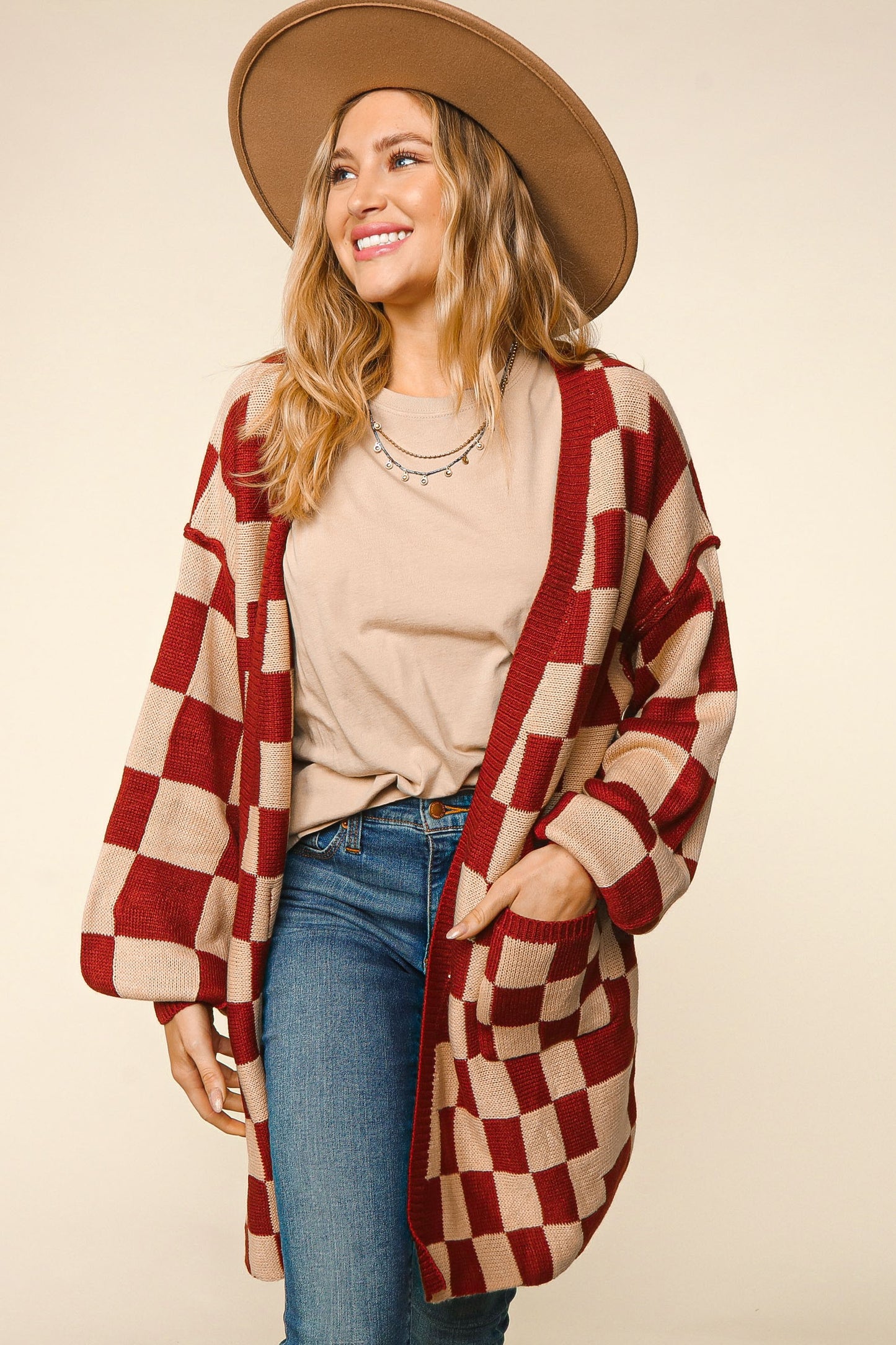 Oversized Checkered Cardigan With Pockets