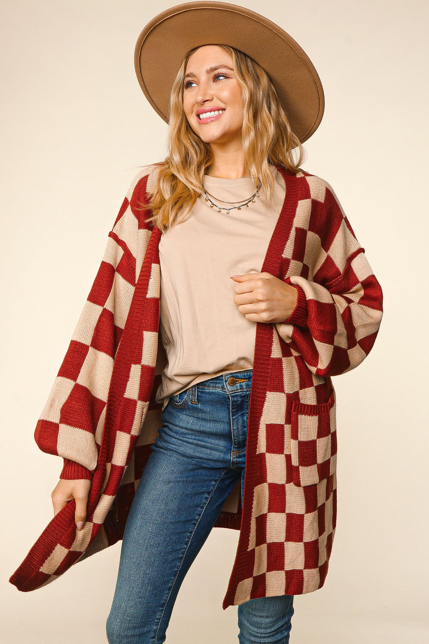 Oversized Checkered Cardigan With Pockets