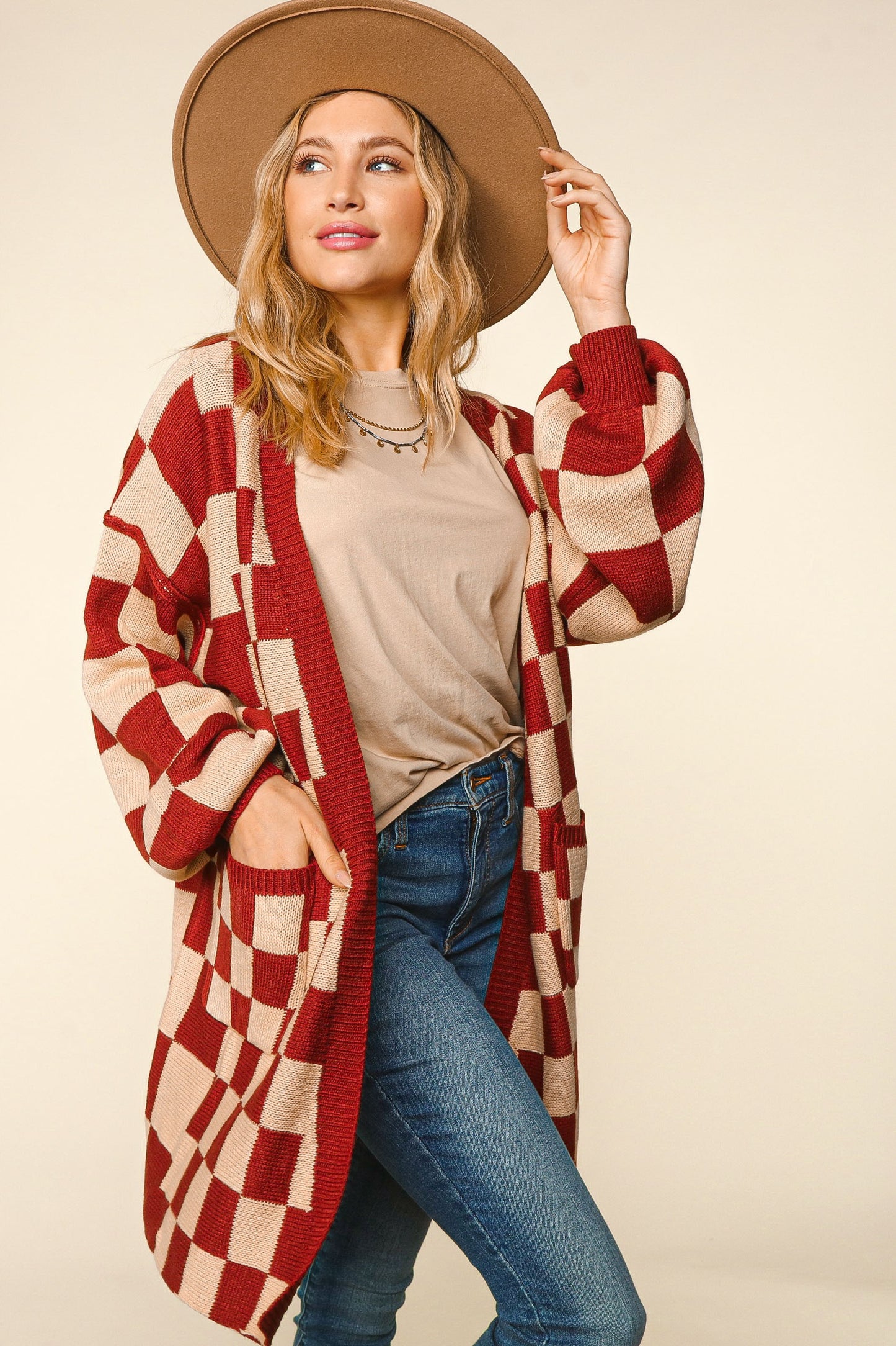 Oversized Checkered Cardigan With Pockets