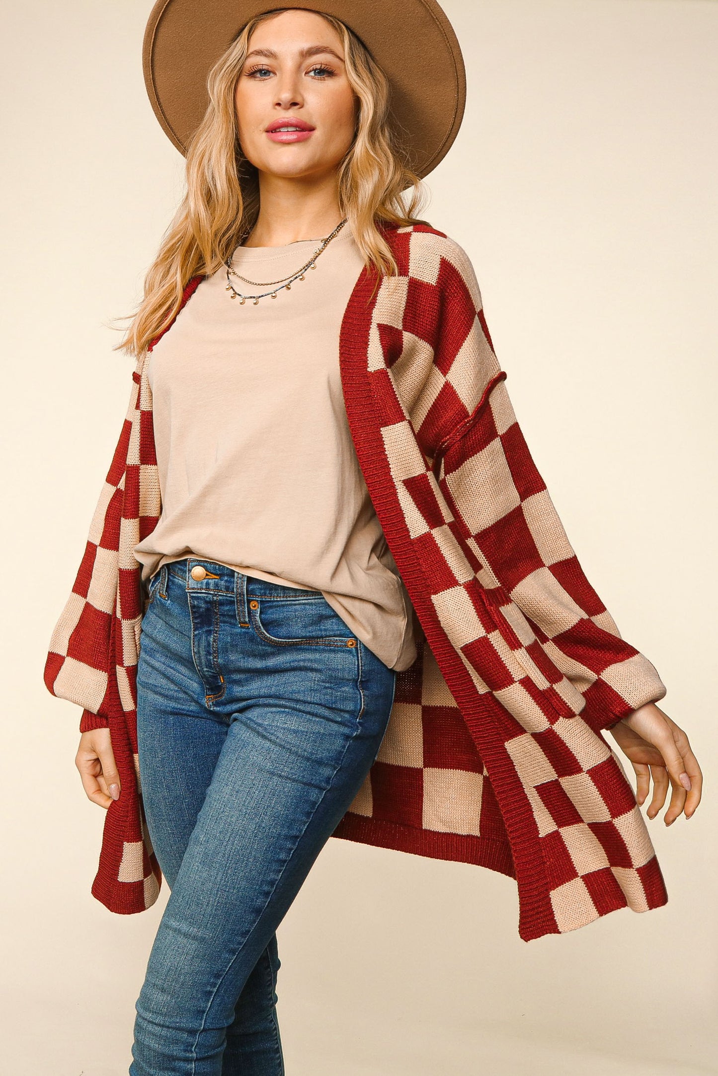 Oversized Checkered Cardigan With Pockets