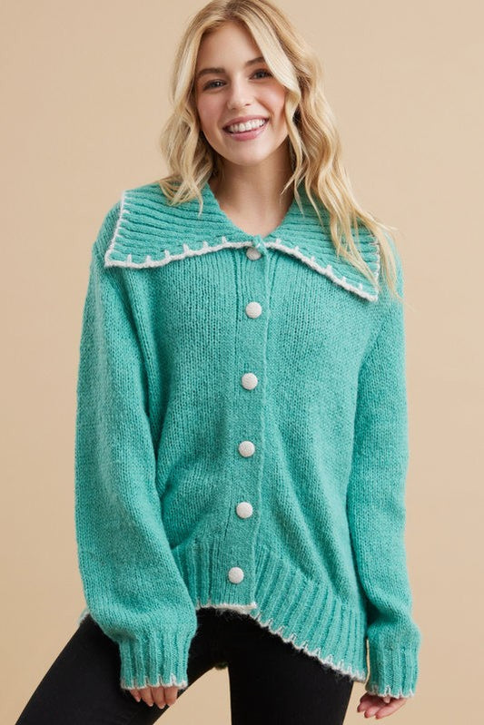 Solid Sailor Neckline Cardigan with Buttons