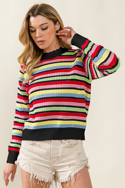 Multi Colored Striped Scallop Neckline Sweater