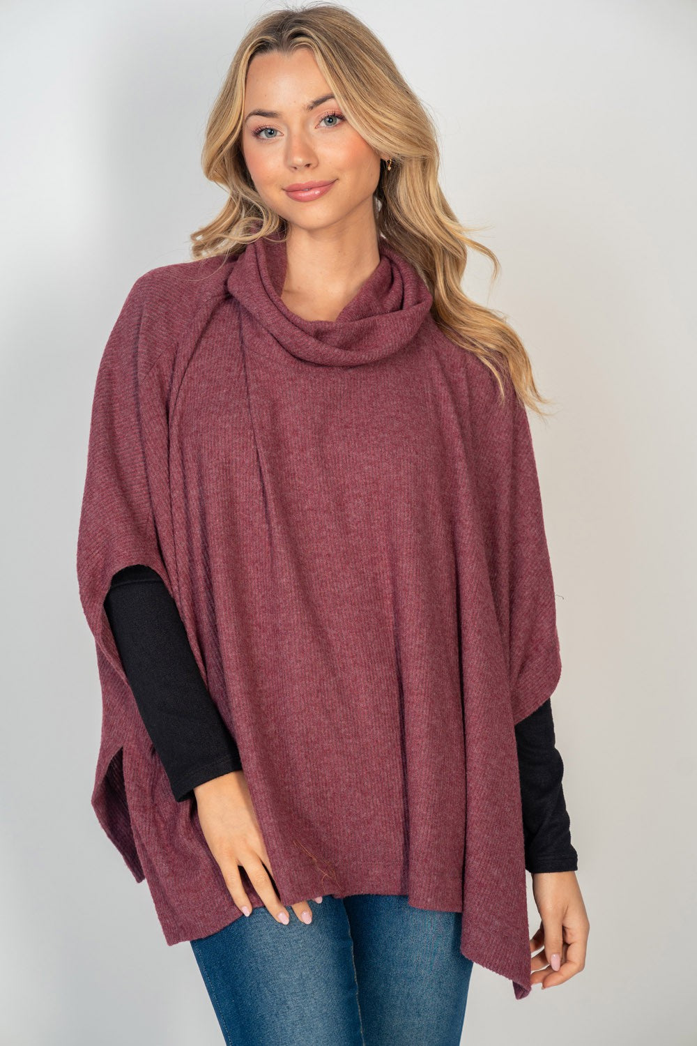 Ribbed Hacci Cowl Neck Poncho