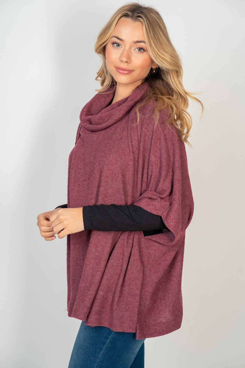 Ribbed Hacci Cowl Neck Poncho