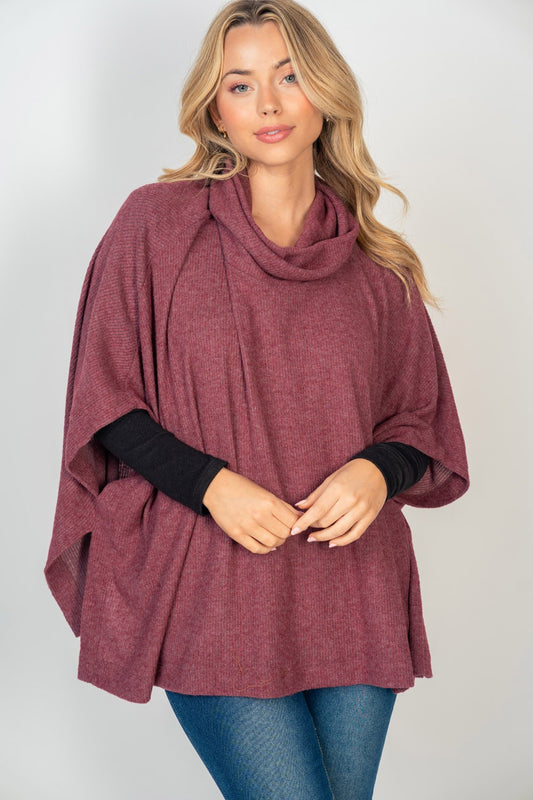 Ribbed Hacci Cowl Neck Poncho