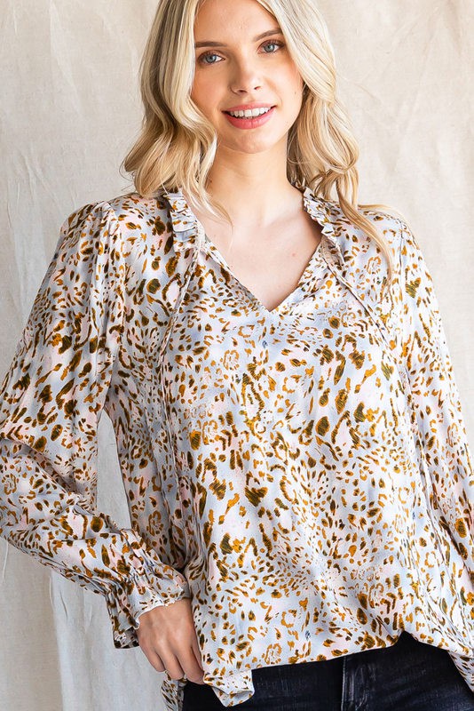 Printed Frilly Tie Neck Blouse