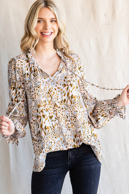 Printed Frilly Tie Neck Blouse