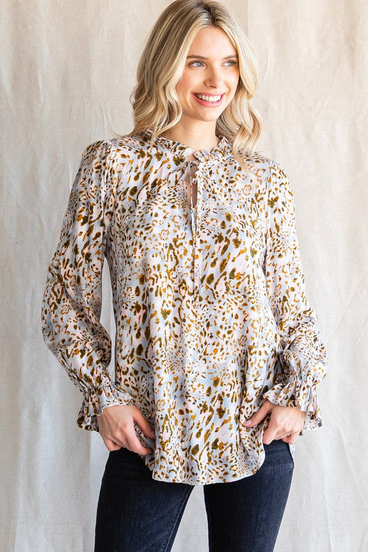 Printed Frilly Tie Neck Blouse