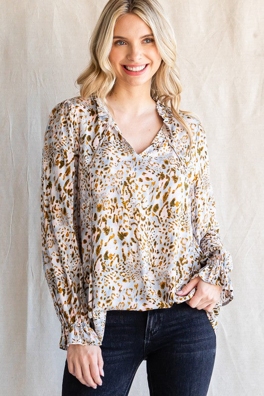 Printed Frilly Tie Neck Blouse