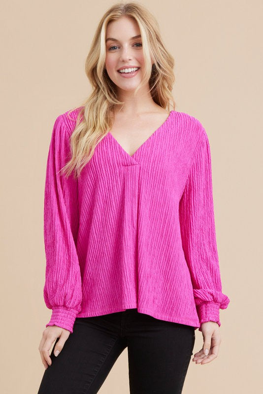 Stripe Texture V Neck Balloon Sleeve Blouse