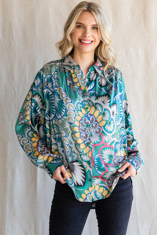 Flower Geometric Print Collared Top