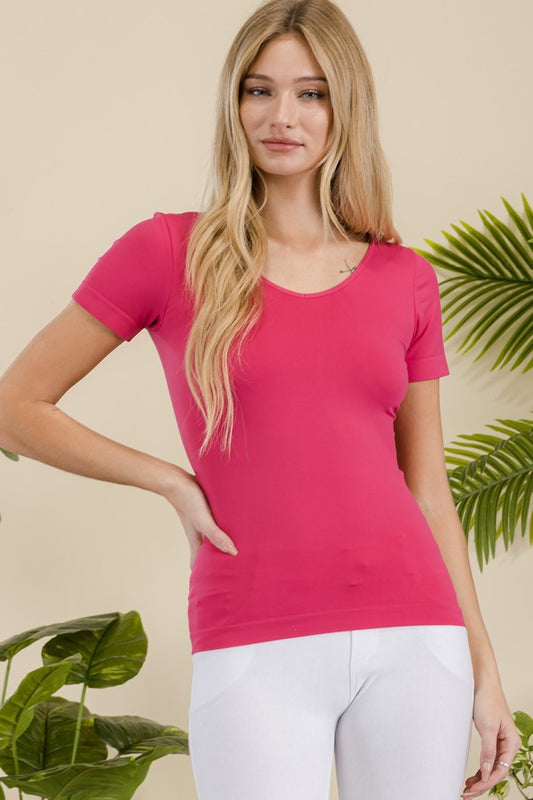 Scoop Neck Pink Short Sleeve Fitted Top