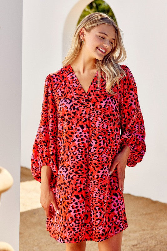 Animal Print Drape Bubble Sleeve Dress