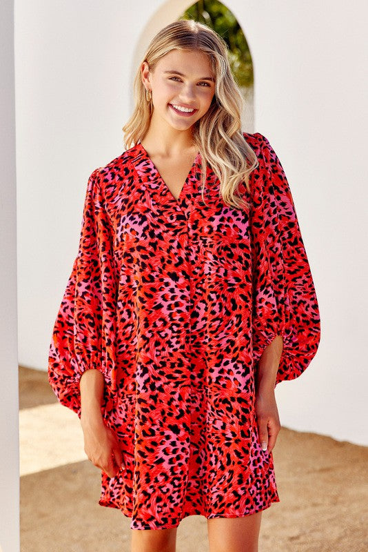 Animal Print Drape Bubble Sleeve Dress