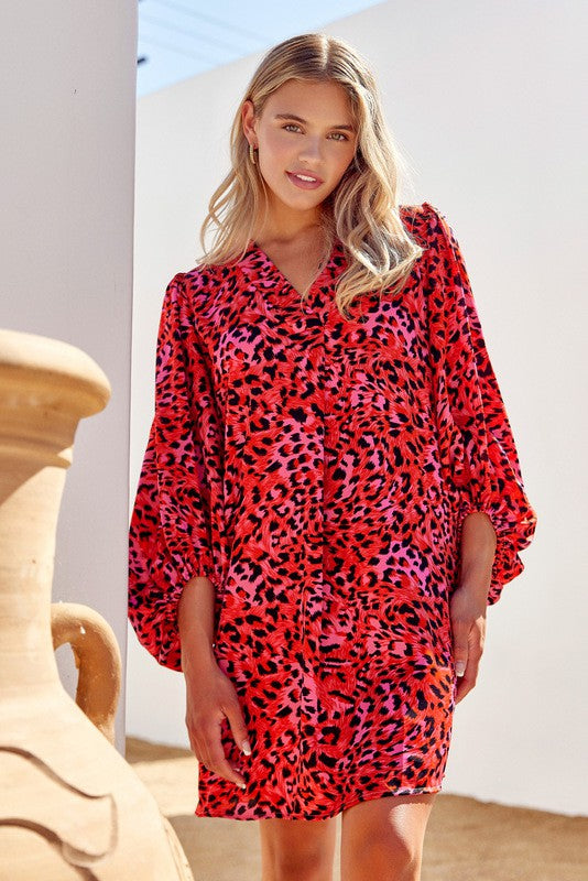 Animal Print Drape Bubble Sleeve Dress