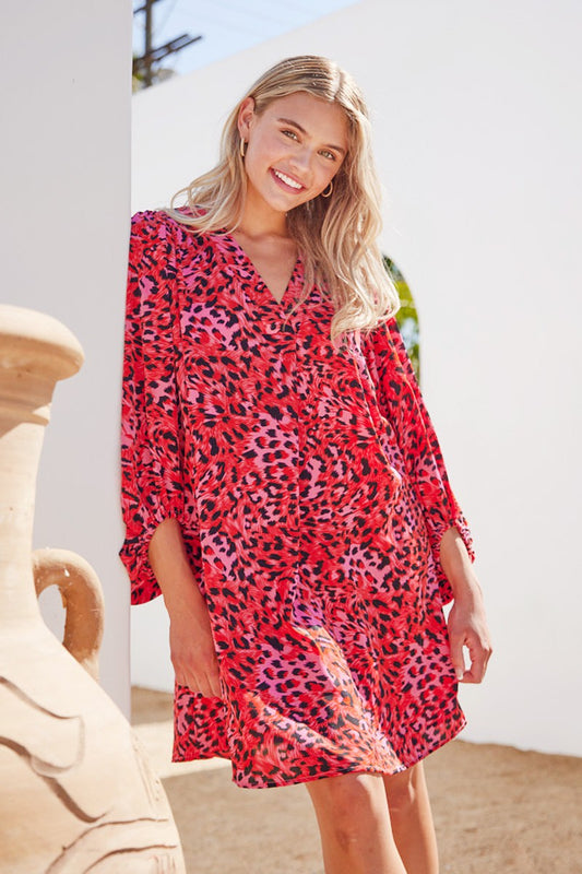 Animal Print Drape Bubble Sleeve Dress