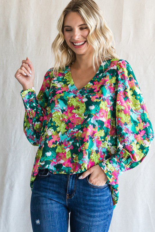 Printed V-neck Long Bubble Sleeve Blouse