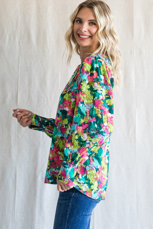 Printed V-neck Long Bubble Sleeve Blouse