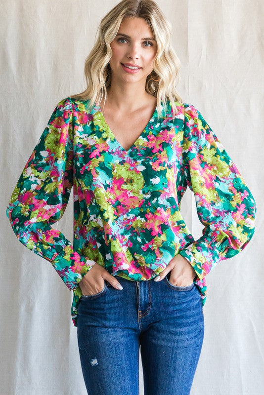 Printed V-neck Long Bubble Sleeve Blouse