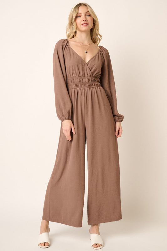 Surplice Elastic Detail Wide Leg Jumpsuit