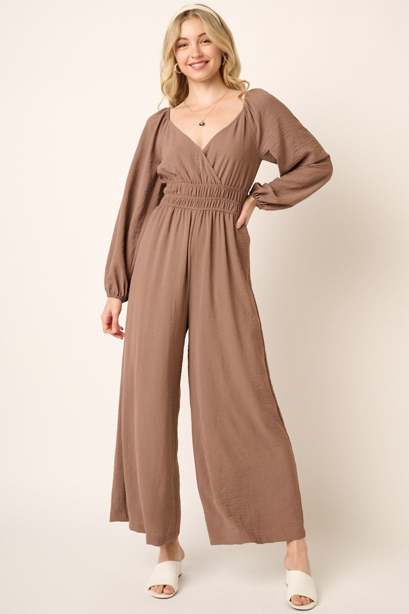 Surplice Elastic Detail Wide Leg Jumpsuit