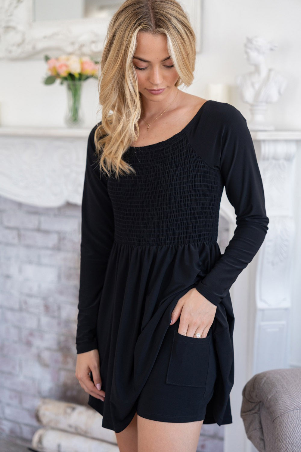 Long Sleeve Round Neck Built-In Shorts Dress