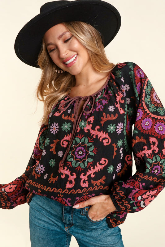 Bubble Sleeve Printed Peasant Blouse