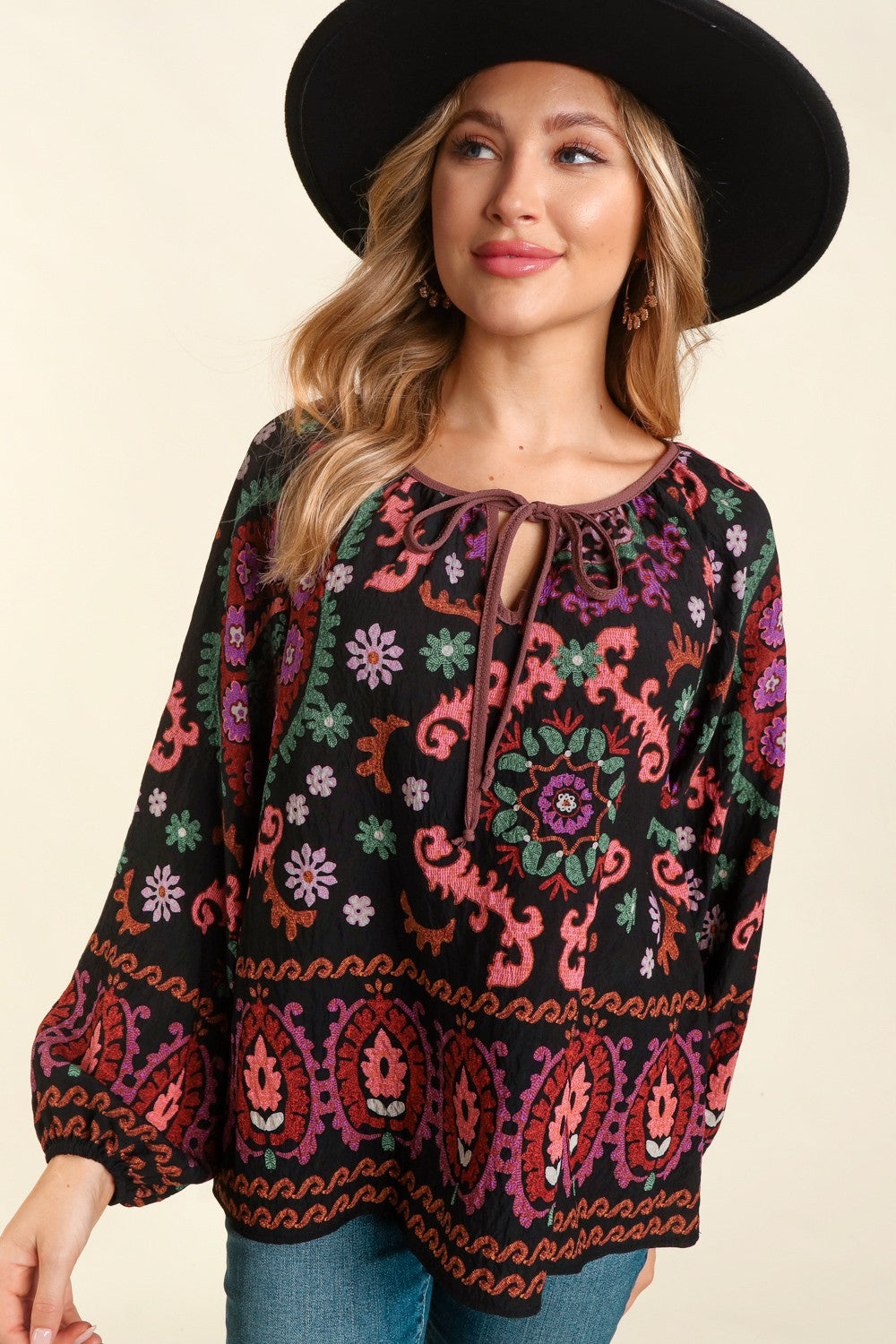 Bubble Sleeve Printed Peasant Blouse