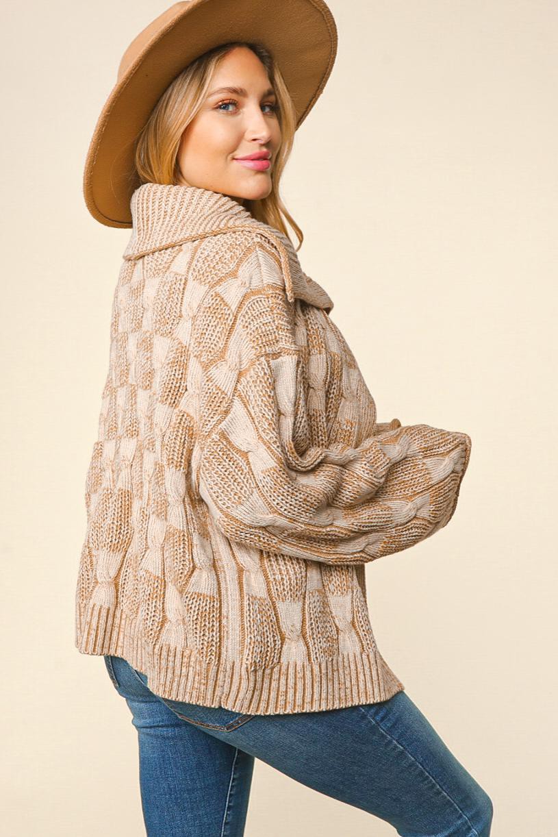 Two Tone Cable Knit Open Front Cardigan