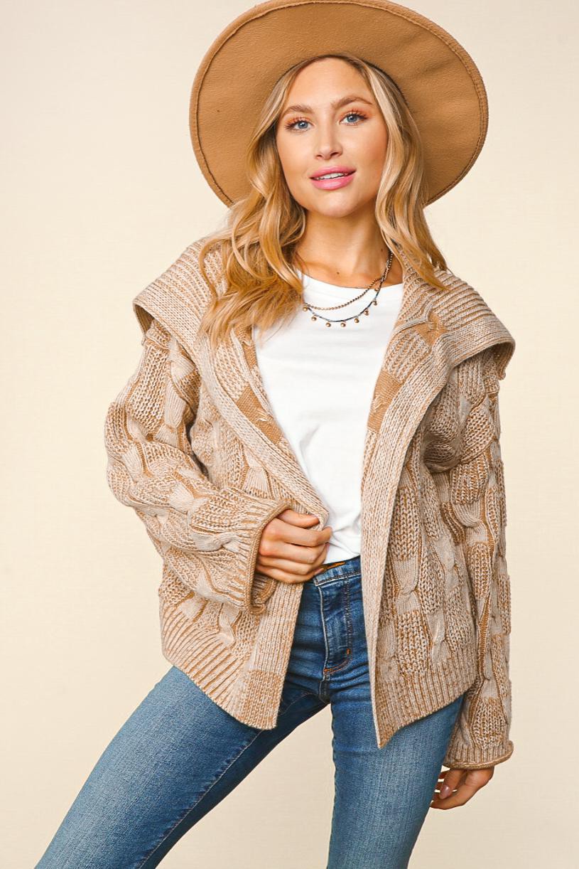 Two Tone Cable Knit Open Front Cardigan