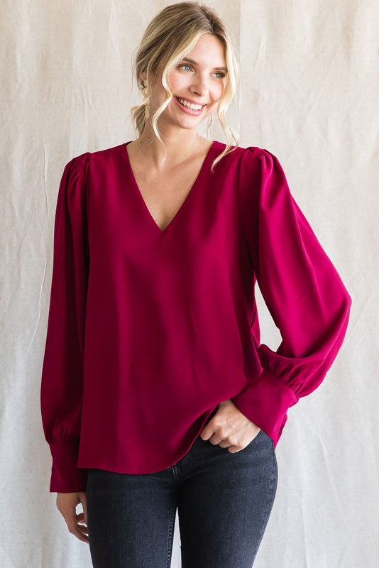 Solid V-Neck Peasant Sleeve Blouse